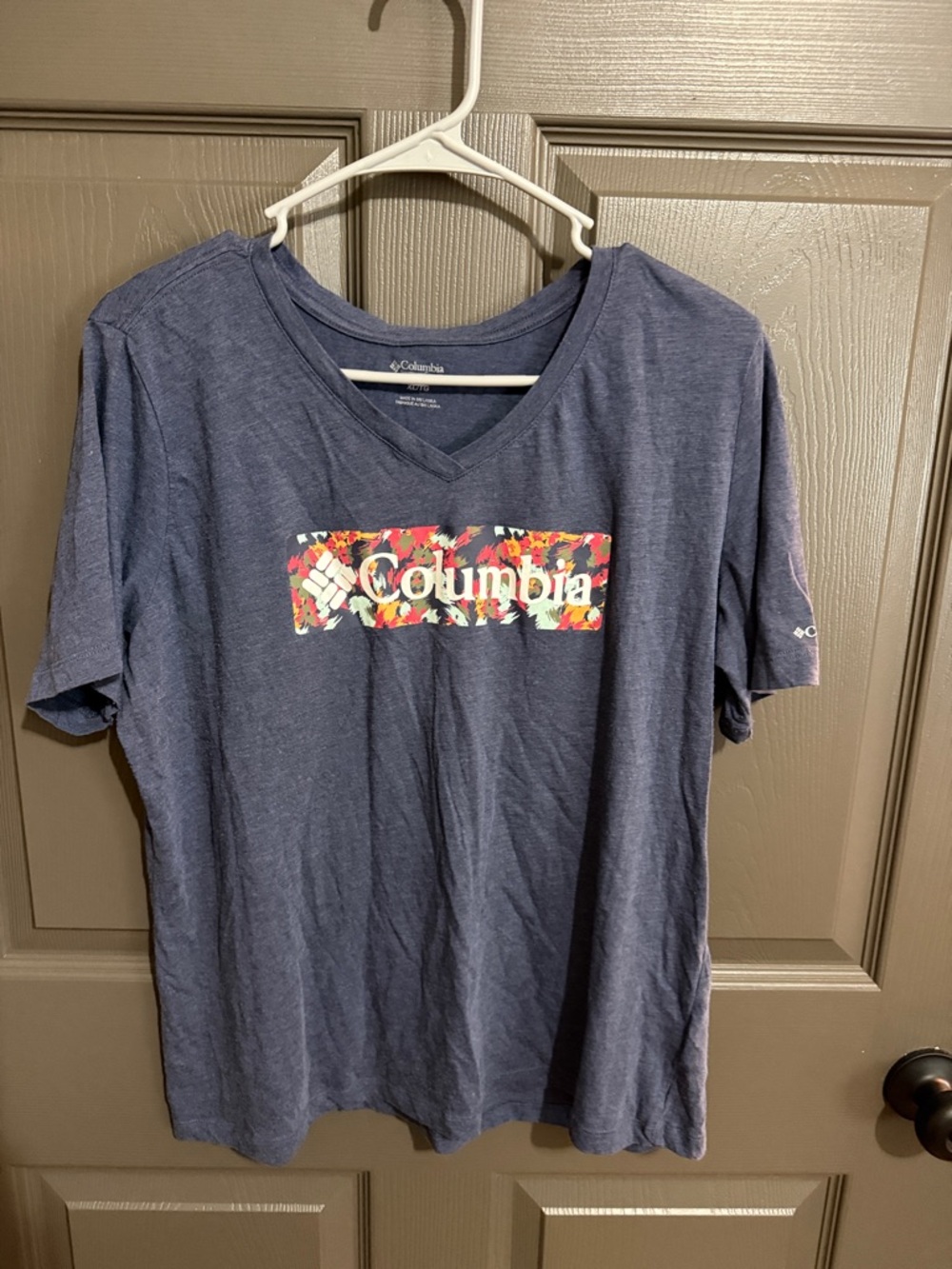 Columbia Navy Blue V-Neck Logo Tee with Multicolor Floral Print
